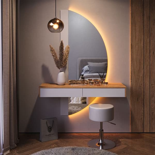 Vicco Melisa sminkbord, Ek, 120 cm med LED-belysning och pall