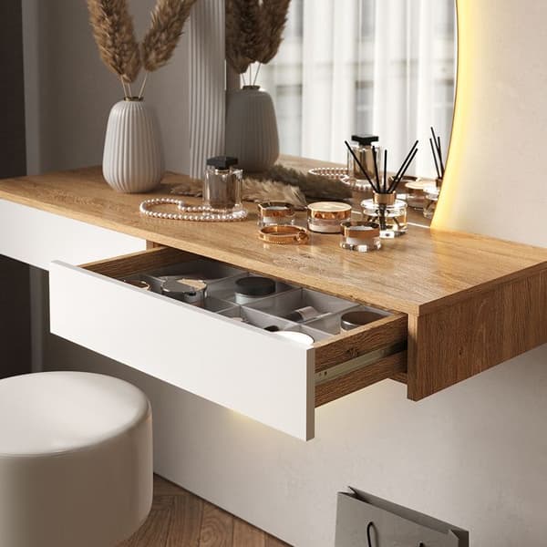 Vicco Melisa sminkbord, Ek, 120 cm med LED-belysning och pall