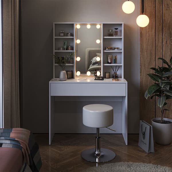 Vicco Alexa sminkbord, Vit, 93 cm med LED-belysning och pall