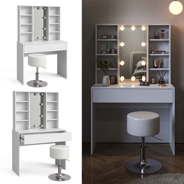 Vicco Alexa sminkbord, Vit, 93 cm med LED-belysning och pall