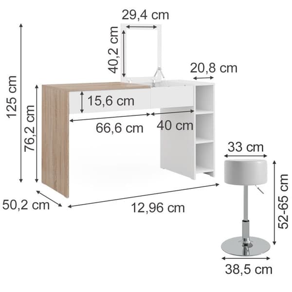 Vicco Kira sminkbord, Vit/Sonoma, 129,6 cm med pall och hopfällbar spegel