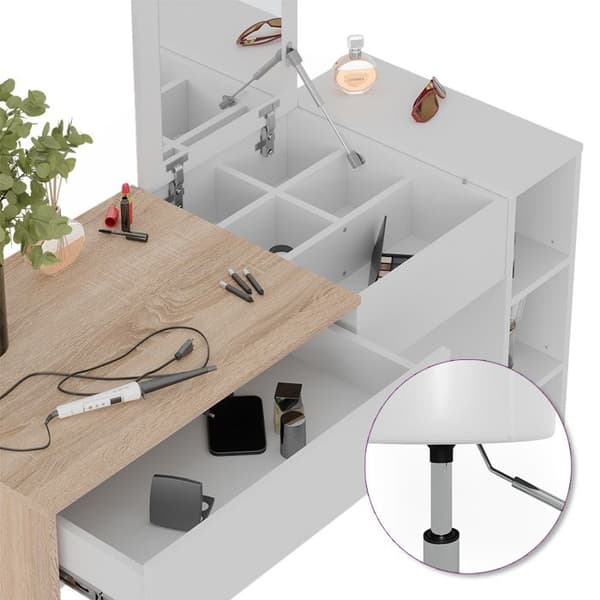 Vicco Kira sminkbord, Vit/Sonoma, 129,6 cm med pall och hopfällbar spegel
