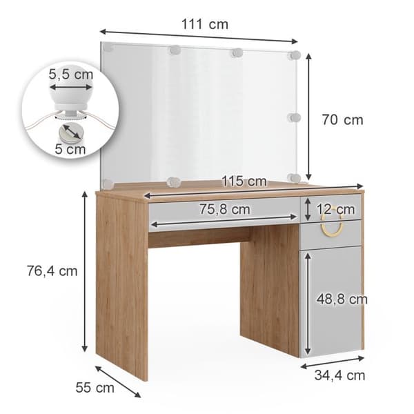 Vicco Adela sminkbord, Vit, 115 cm med LED-belysning