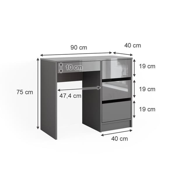 Vicco Sherry Sminkbord, Grå Högglans, 90 cm med 4 lådor