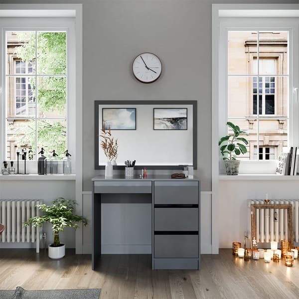 Vicco Sherry Sminkbord, Grå Högglans, 90 cm med 4 lådor