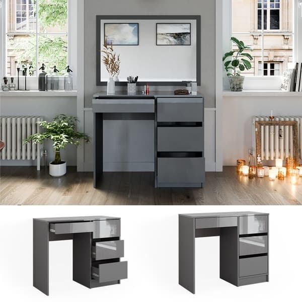 Vicco Sherry Sminkbord, Grå Högglans, 90 cm med 4 lådor