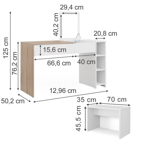 Vicco Kira sminkbord, Vit/Sonoma, 129,6 cm med pall och hopfällbar spegel