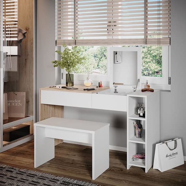 Vicco Kira sminkbord, Vit/Sonoma, 129,6 cm med pall och hopfällbar spegel