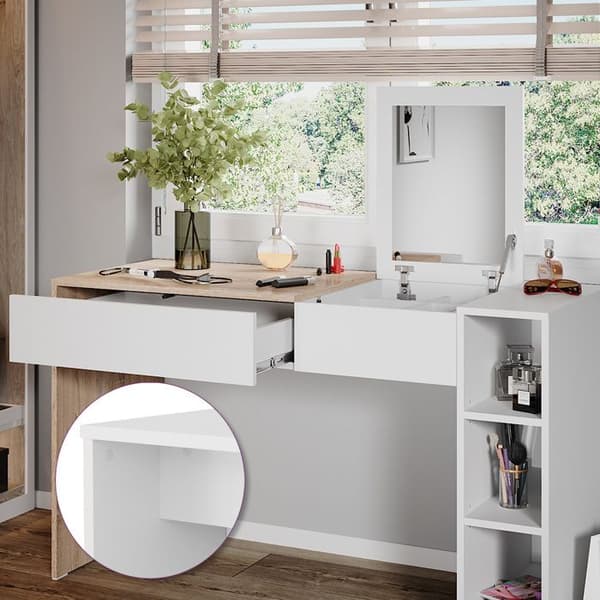 Vicco Kira sminkbord, Vit/Sonoma, 129,6 cm med pall och hopfällbar spegel