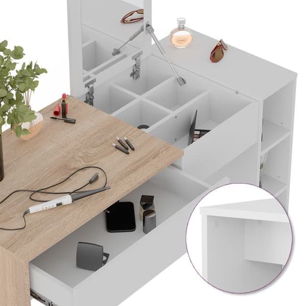 Vicco Kira sminkbord, Vit/Sonoma, 129,6 cm med pall och hopfällbar spegel
