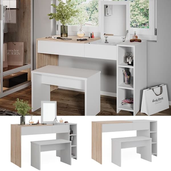 Vicco Kira sminkbord, Vit/Sonoma, 129,6 cm med pall och hopfällbar spegel