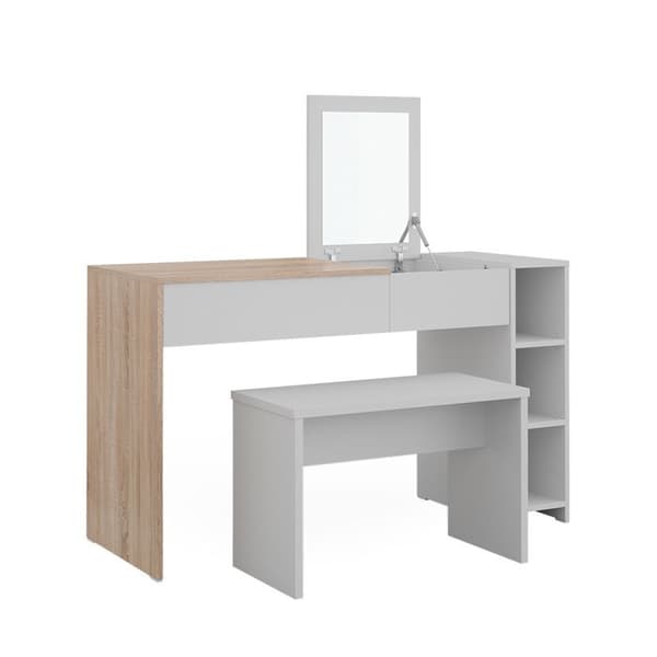 Vicco Kira sminkbord, Vit/Sonoma, 129,6 cm med pall och hopfällbar spegel