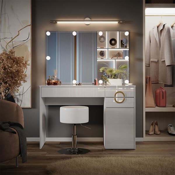 Vicco Adela sminkbord, Högblank vit, 115 cm med LED-belysning och pall