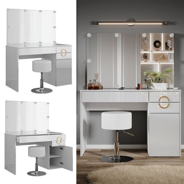 Vicco Adela sminkbord, Högblank vit, 115 cm med LED-belysning och pall