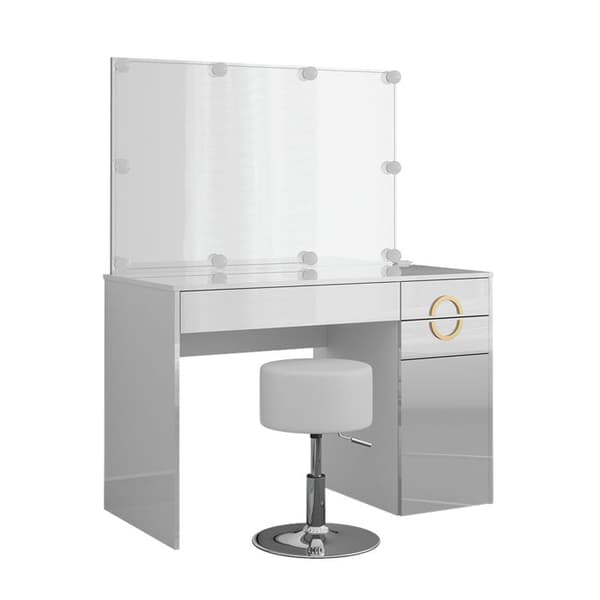 Vicco Adela sminkbord, Högblank vit, 115 cm med LED-belysning och pall