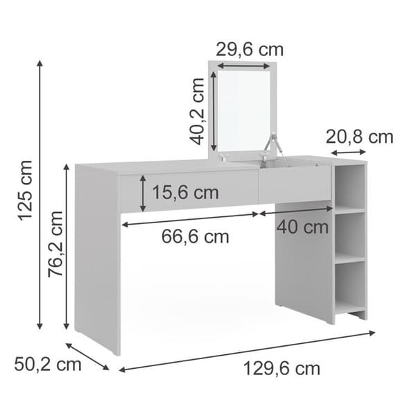 Vicco Kira sminkbord, Vit, 129,6 cm med infällbar spegel