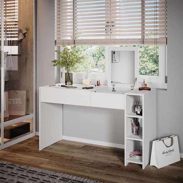 Vicco Kira sminkbord, Vit, 129,6 cm med infällbar spegel