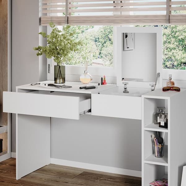 Vicco Kira sminkbord, Vit, 129,6 cm med infällbar spegel