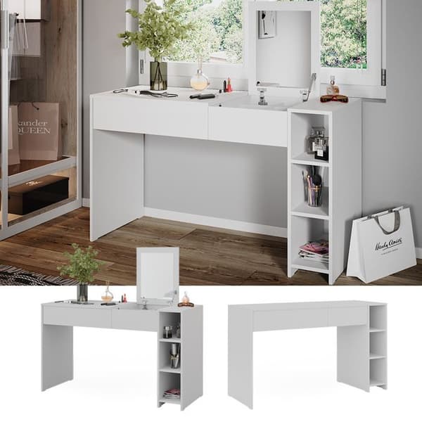 Vicco Kira sminkbord, Vit, 129,6 cm med infällbar spegel