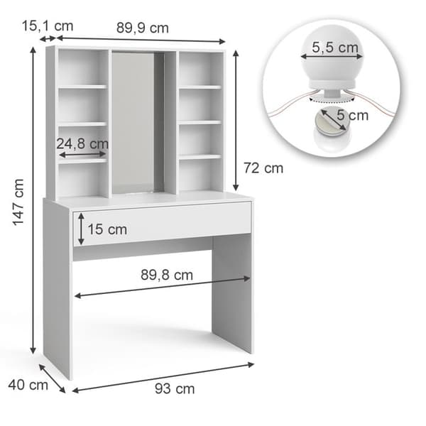 Vicco Alexa sminkbord, Vit, 93 cm med LED-belysning