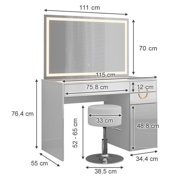 Vicco Adela sminkbord, Vit Högglans, 115 cm med LED-spegel och pall