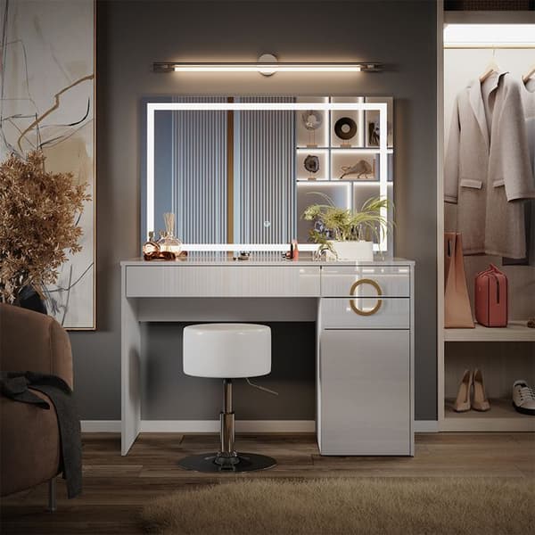 Vicco Adela sminkbord, Vit Högglans, 115 cm med LED-spegel och pall