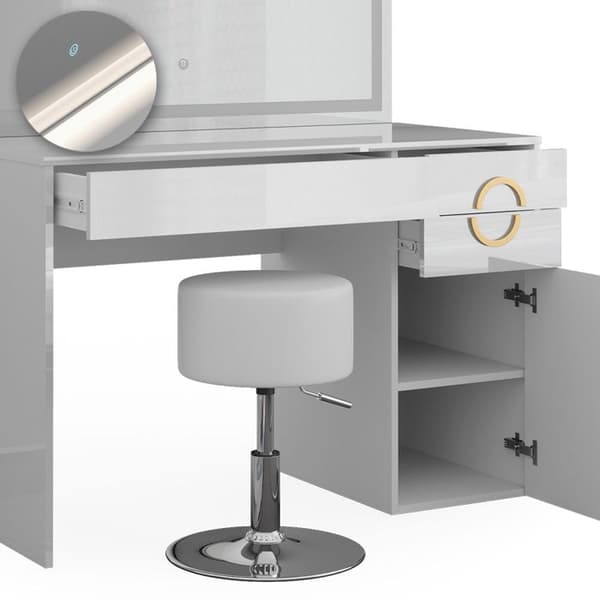 Vicco Adela sminkbord, Vit Högglans, 115 cm med LED-spegel och pall