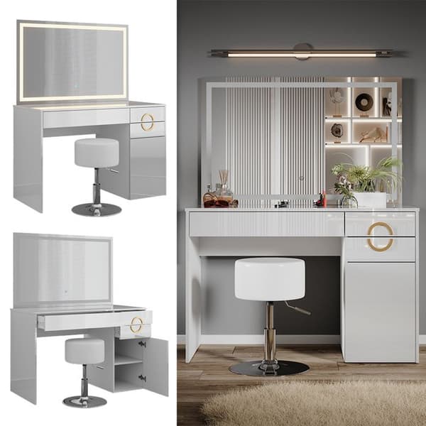 Vicco Adela sminkbord, Vit Högglans, 115 cm med LED-spegel och pall