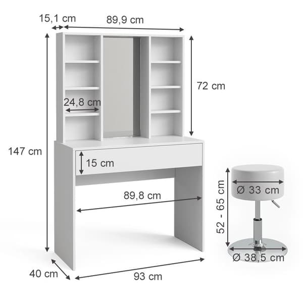 Vicco Alexa sminkbord, Vit, 93 cm med pall