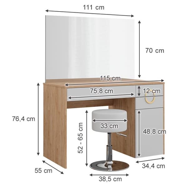 Vicco Adela sminkbord, Vit, 115 cm med pall