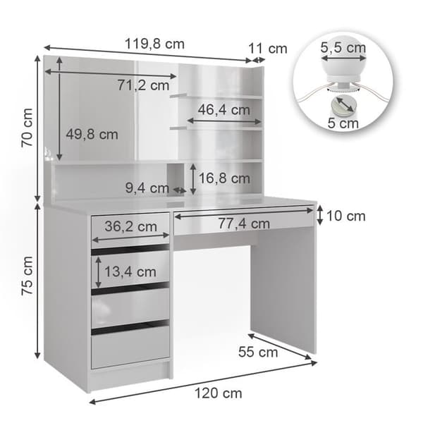 Vicco Sherry sminkbord, Högblank vit, 120 cm med LED-belysning, och spegelhylla