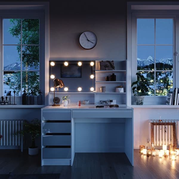 Vicco Sherry sminkbord, Högblank vit, 120 cm med LED-belysning, och spegelhylla