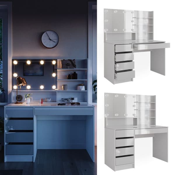 Vicco Sherry sminkbord, Högblank vit, 120 cm med LED-belysning, och spegelhylla