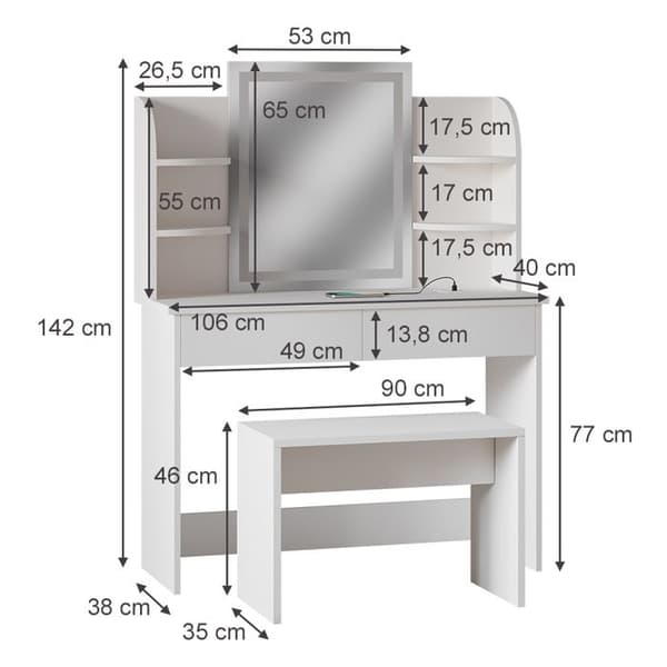 Vicco Charlotte sminkbord, Vit, 106 cm med LED-spegel, QI-laddare och bänk
