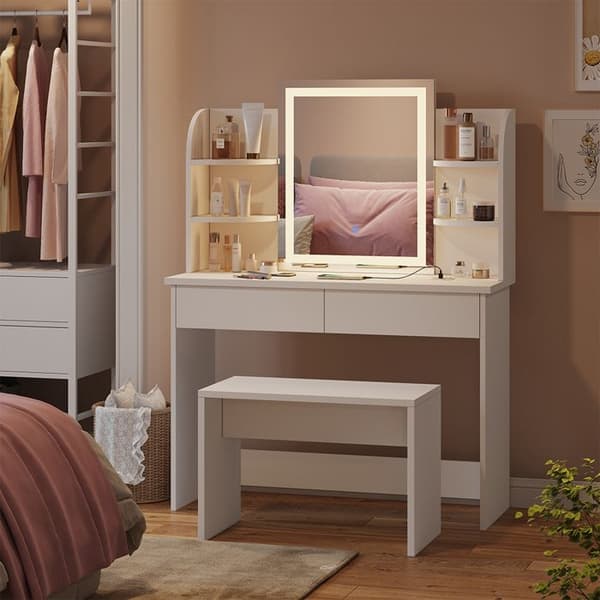 Vicco Charlotte sminkbord, Vit, 106 cm med LED-spegel, QI-laddare och bänk