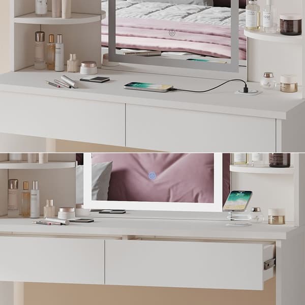 Vicco Charlotte sminkbord, Vit, 106 cm med LED-spegel, QI-laddare och bänk
