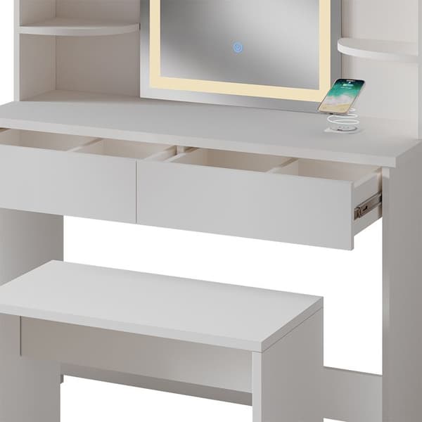 Vicco Charlotte sminkbord, Vit, 106 cm med LED-spegel, QI-laddare och bänk