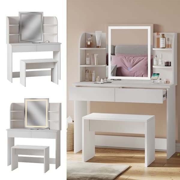 Vicco Charlotte sminkbord, Vit, 106 cm med LED-spegel, QI-laddare och bänk