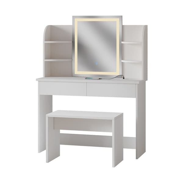 Vicco Charlotte sminkbord, Vit, 106 cm med LED-spegel, QI-laddare och bänk
