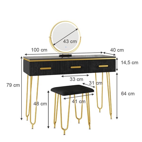 Vicco Layla sminkbord, Svart Högblank, 100 cm med LED-spegel och pall
