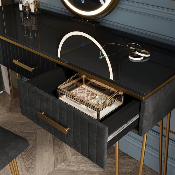 Vicco Layla sminkbord, Svart Högblank, 100 cm med LED-spegel och pall