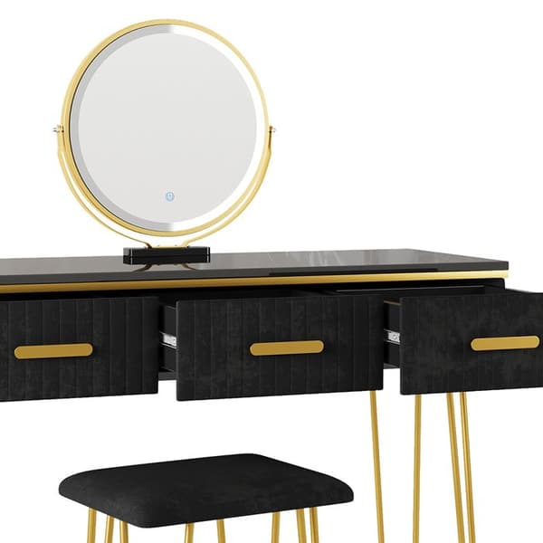 Vicco Layla sminkbord, Svart Högblank, 100 cm med LED-spegel och pall