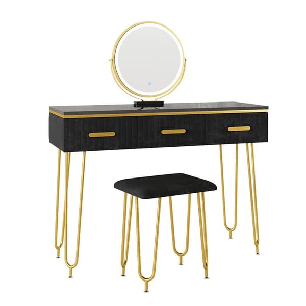 Vicco Layla sminkbord, Svart Högblank, 100 cm med LED-spegel och pall