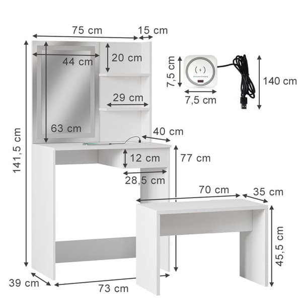 Vicco Dekos sminkbord, Vit, 75 cm med LED-spegel, QI-laddare och bänk