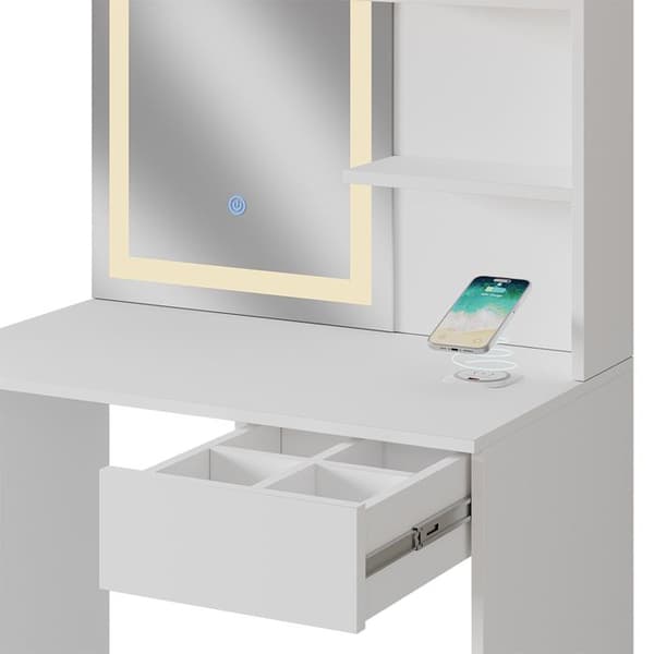 Vicco Dekos sminkbord, Vit, 75 cm med LED-spegel, QI-laddare och bänk