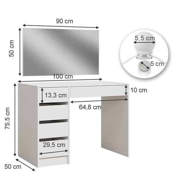 Vicco Thalia Sminkbord, Högglansvit, 100 cm med LED-belysning