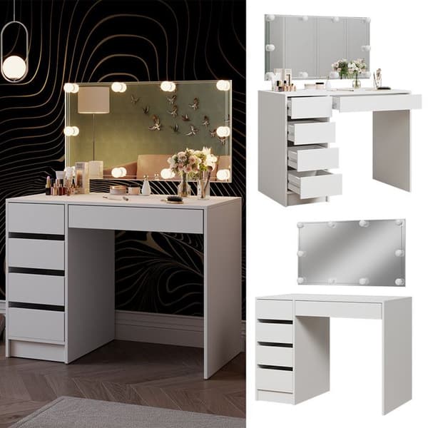 Vicco Thalia Sminkbord, Högglansvit, 100 cm med LED-belysning