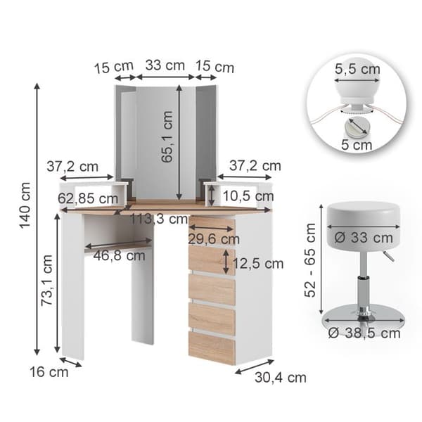 Vicco Tilda sminkbord, Vit/Sonoma, 113,3 cm med LED-belysning och pall