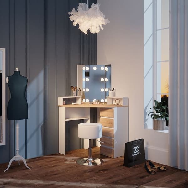 Vicco Tilda sminkbord, Vit/Sonoma, 113,3 cm med LED-belysning och pall