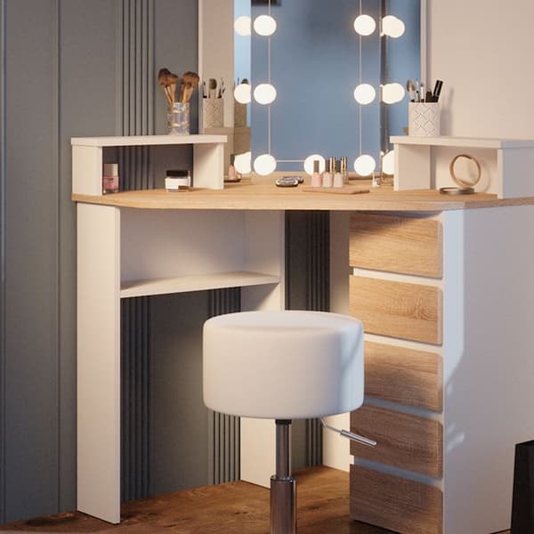 Vicco Tilda sminkbord, Vit/Sonoma, 113,3 cm med LED-belysning och pall